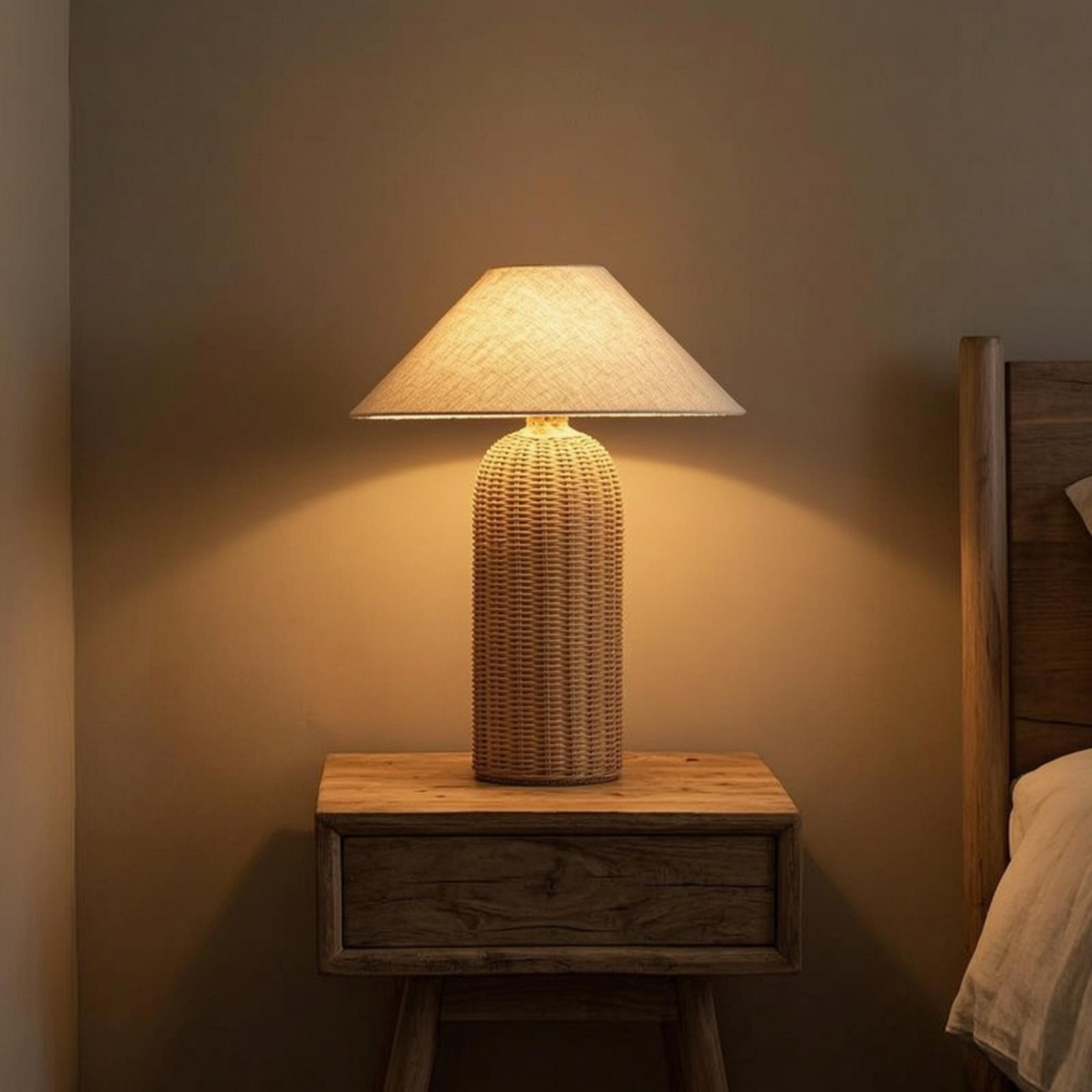 Lighting Decoration Ideas - Nachttischlampe mit Rattanfuß und Stoffschirm, Dekorative